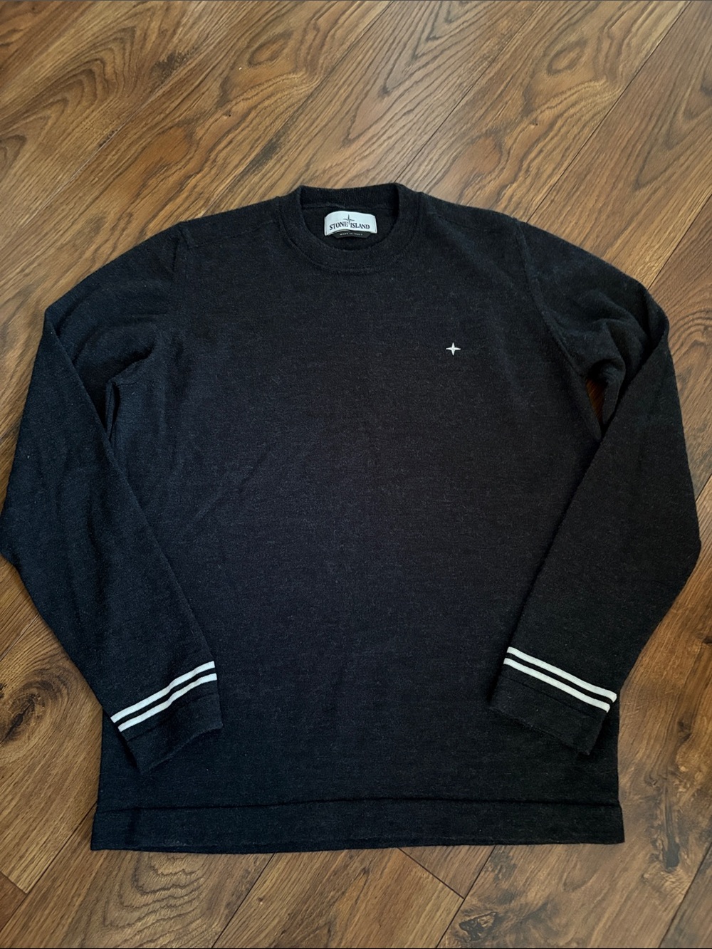 Men’s Stone Island Black Crewneck Sweater with White Cuff Stripes